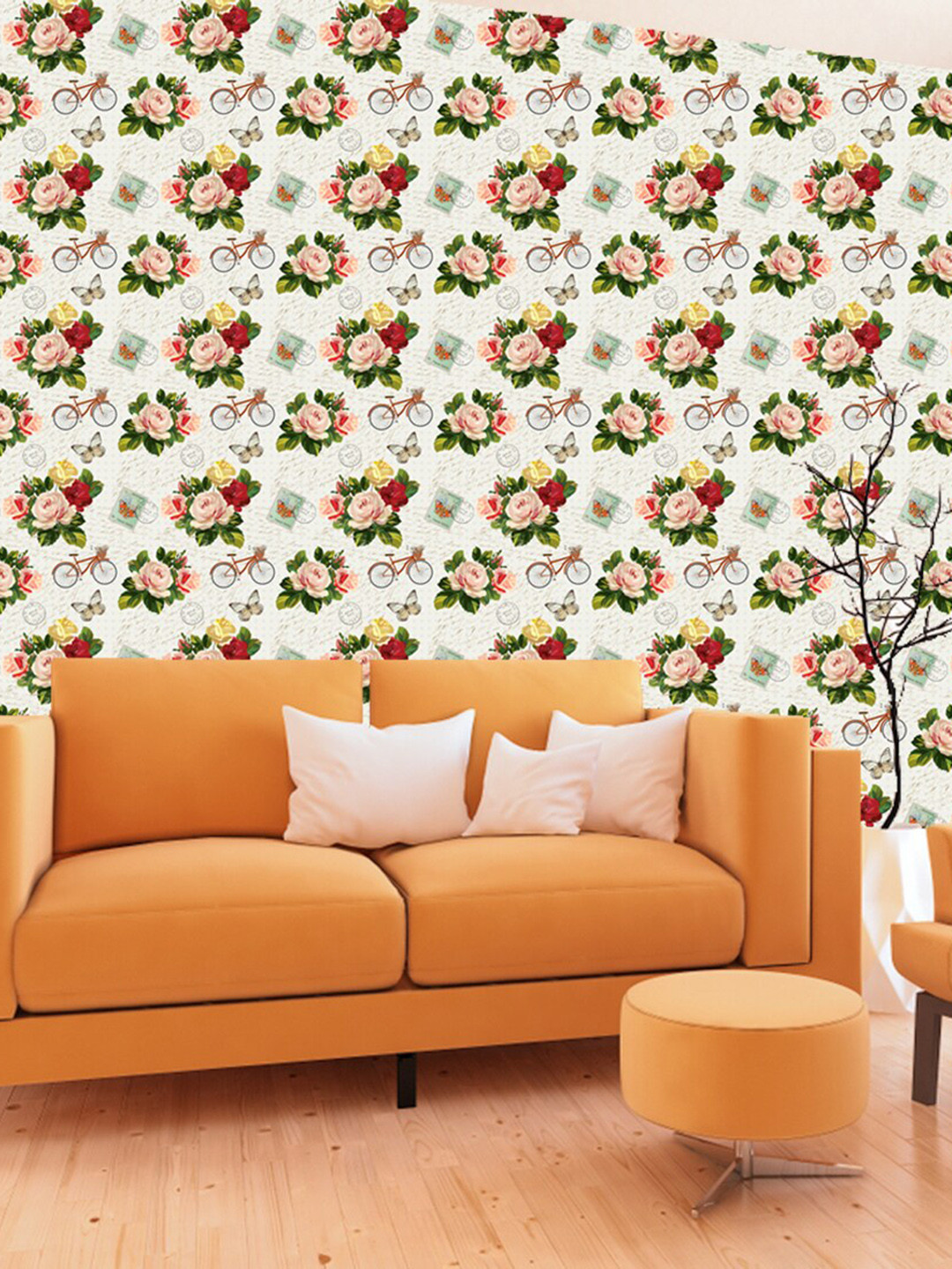 WallDaddy White Vintage CycleRose Printed Water Resistant Self Adhesive Wallpaper