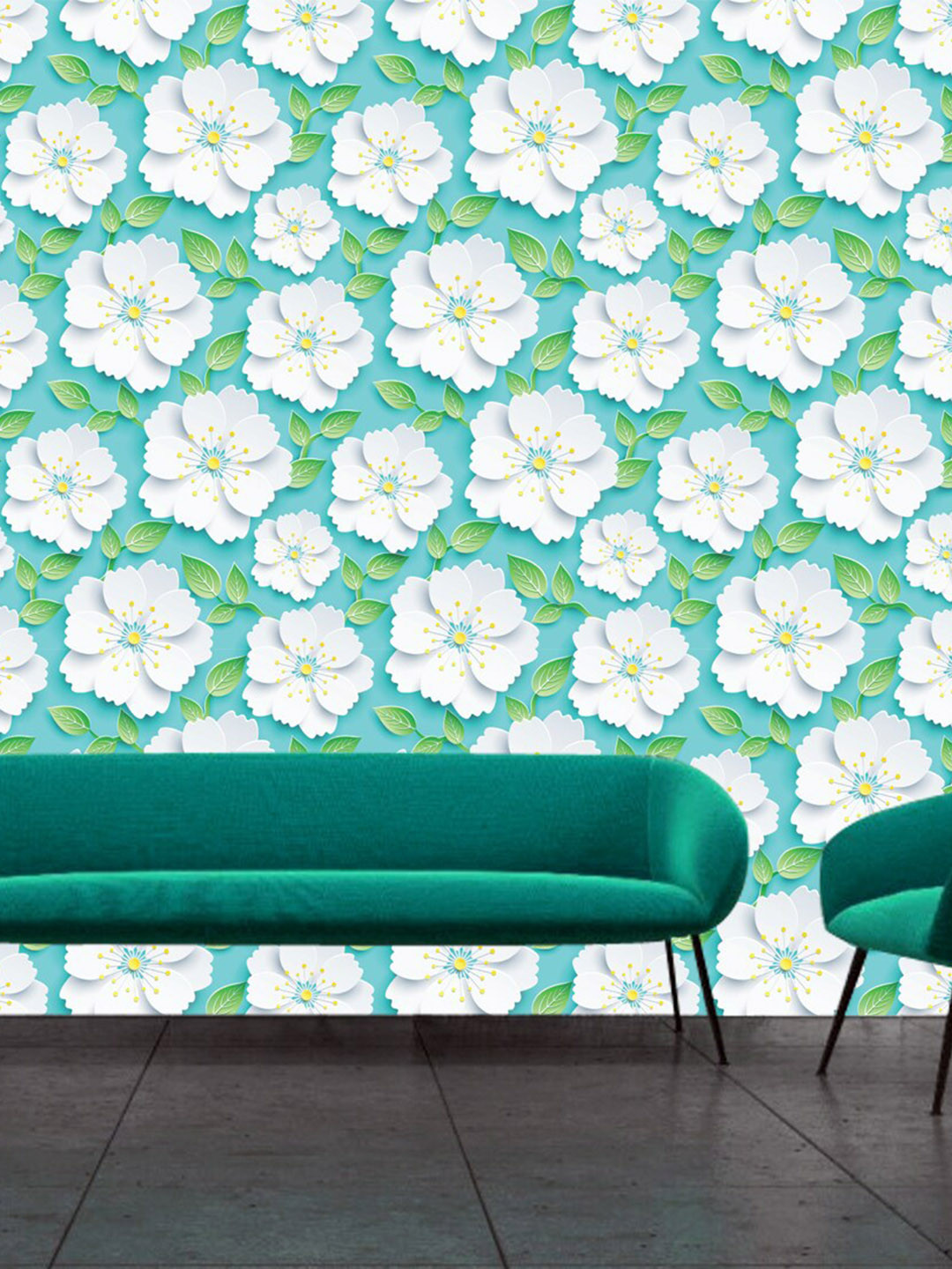 WallDaddy Turquoise Blue & White Floral Designed Waterproof Self Adhesive Wallpaper
