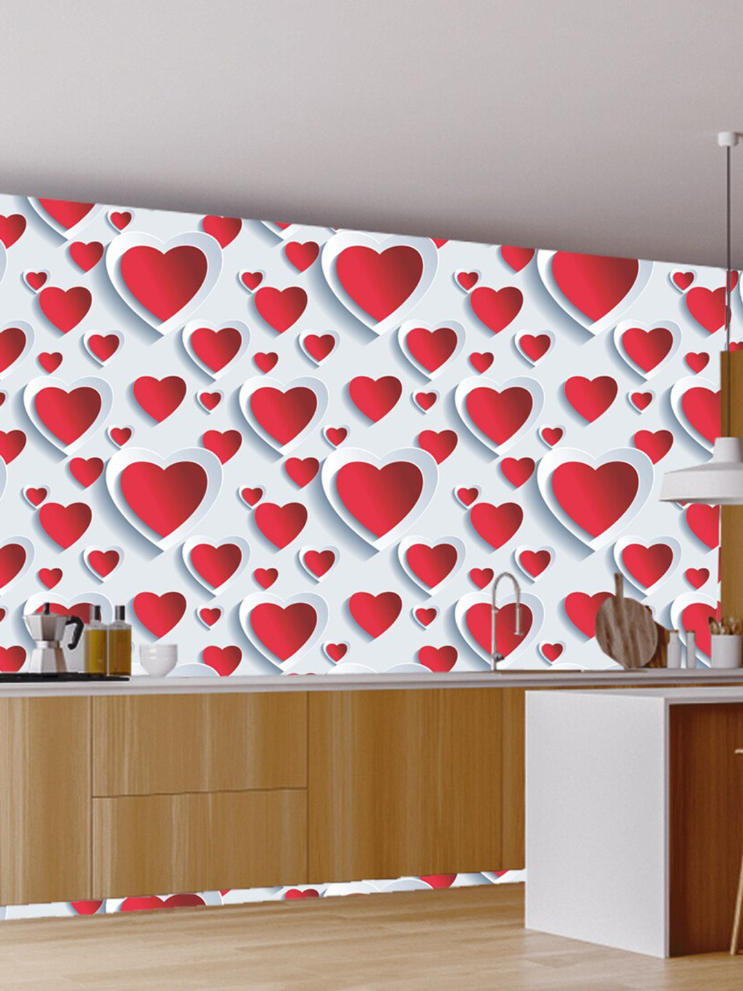 WallDaddy White & Red Heart-Designed Self Adhesive Wallpaper