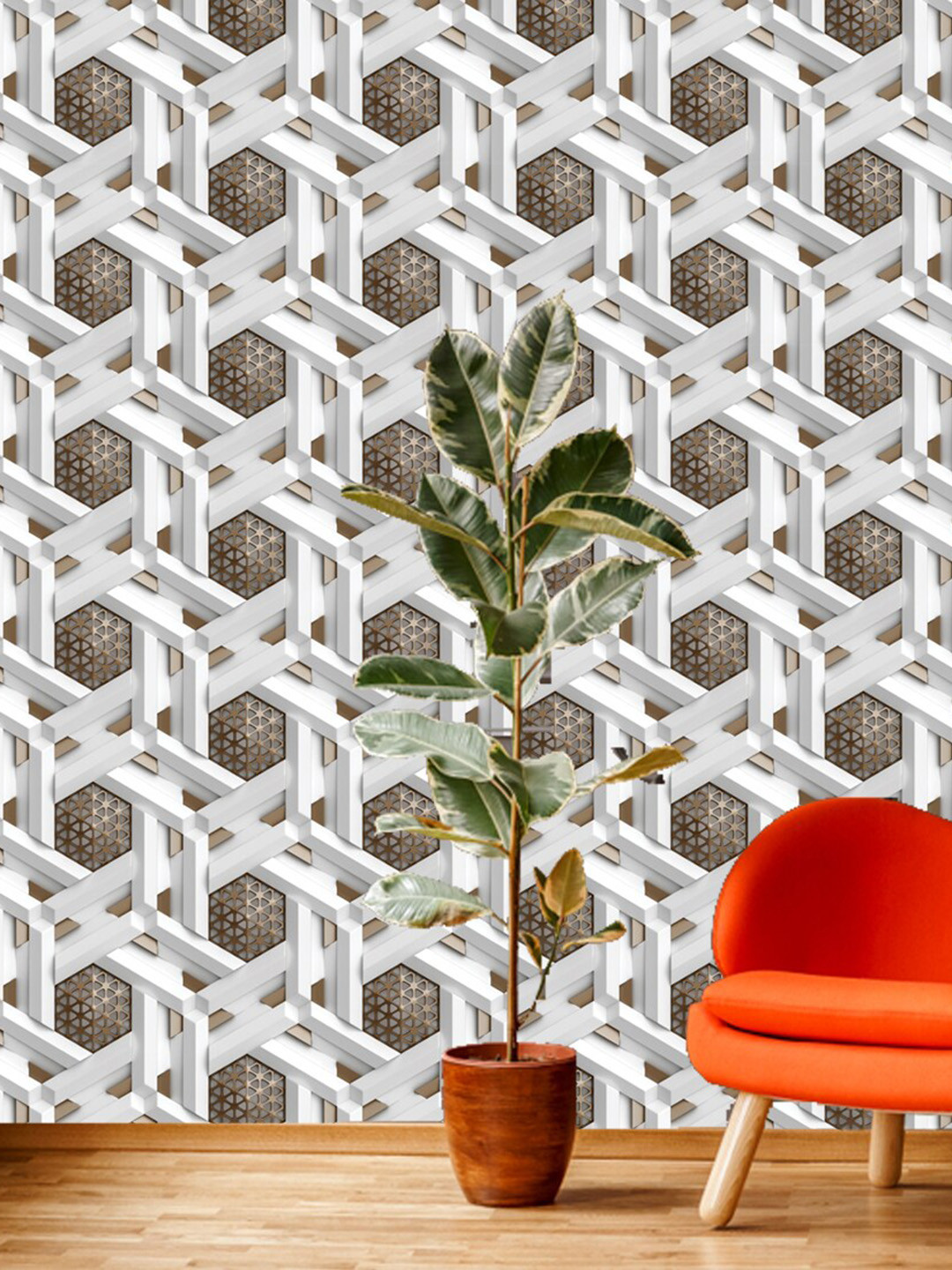 WallDaddy White & Metallic-toned Geometric Designed Self Adhesive Wallpaper