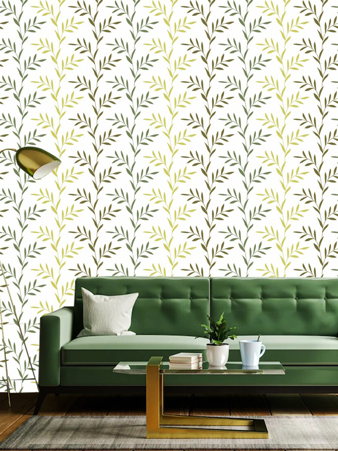 WallDaddy White & Green Leaf Designed Self Adhesive Wallpaper For Wall