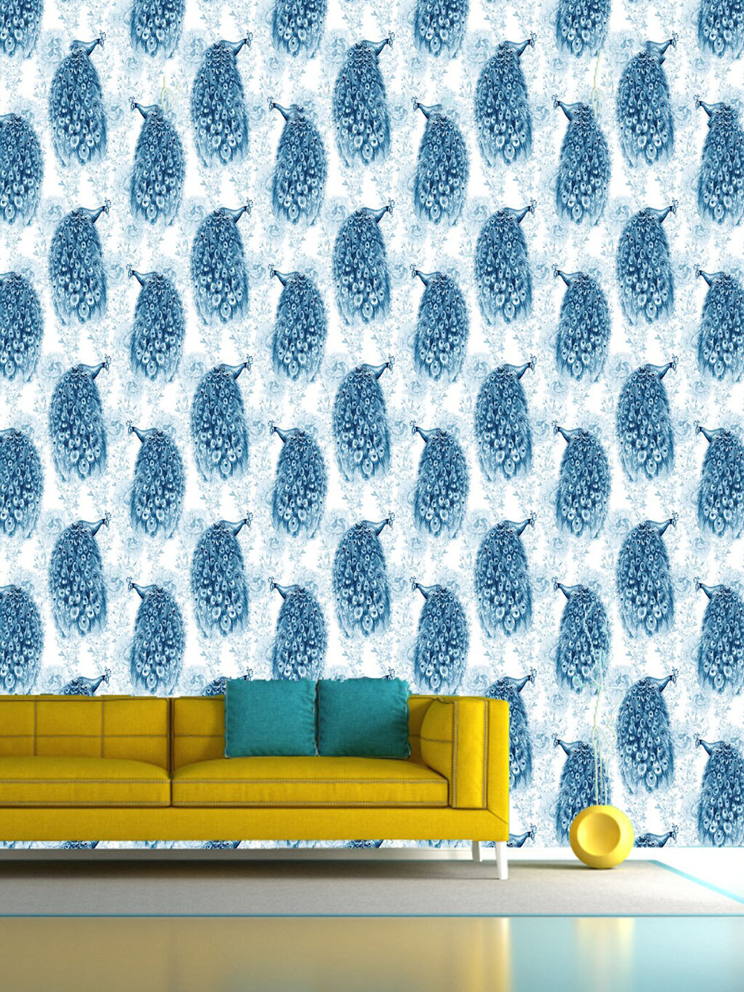 WallDaddy White & Blue Peacock Designed Self Adhesive Wallpaper