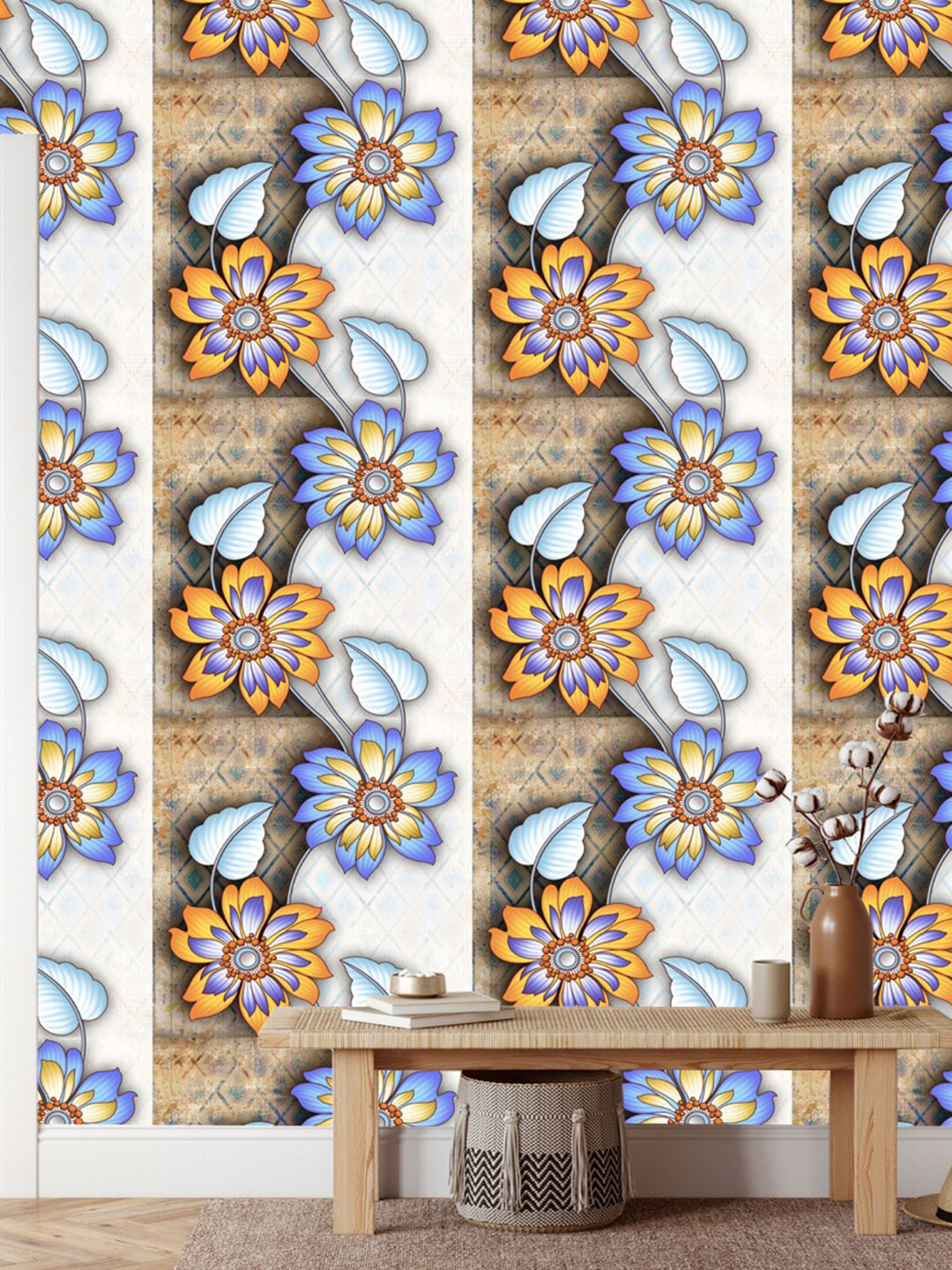 WallDaddy Beige & Blue Floral Design Self Adhesive Wallpaper