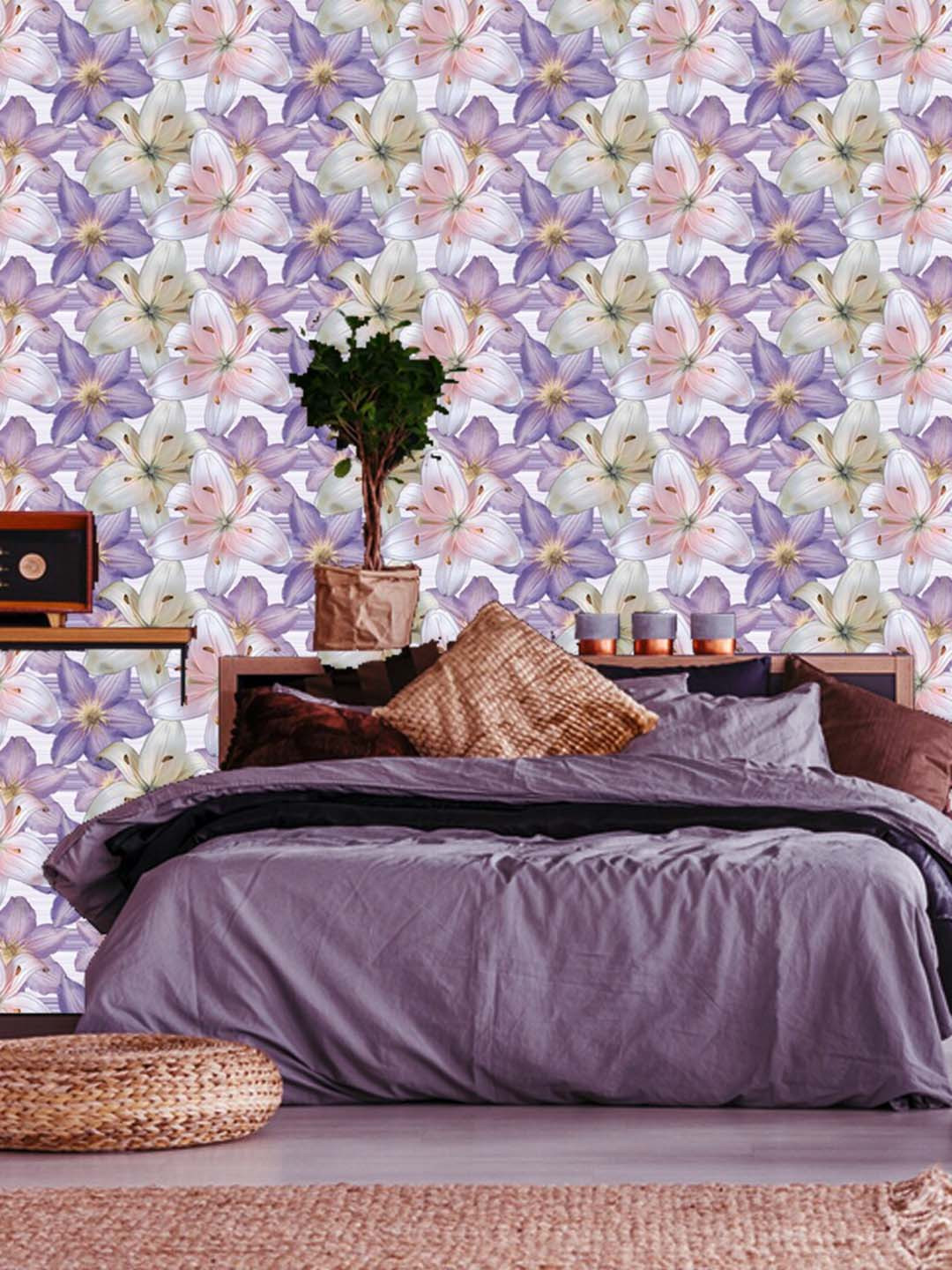 WallDaddy White & Purple Floral Designed Self Adhesive Wallpaper