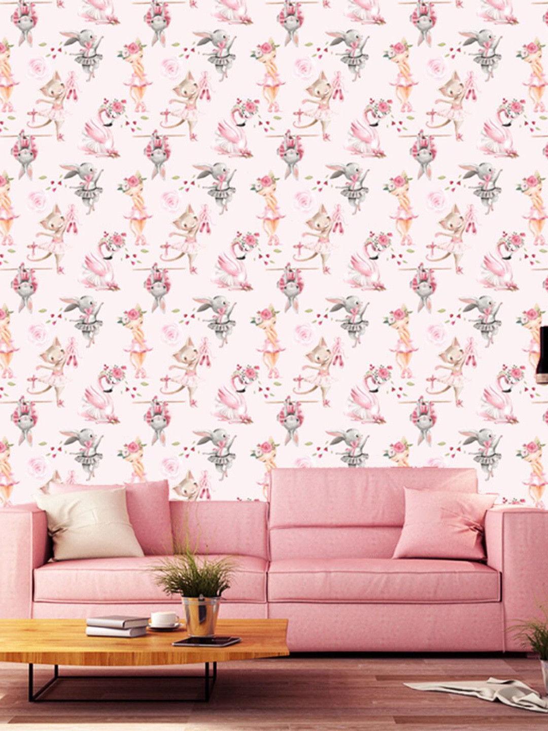 WallDaddy Pink & Grey  Blushing Cat Designed Self Adhesive Wallpaper
