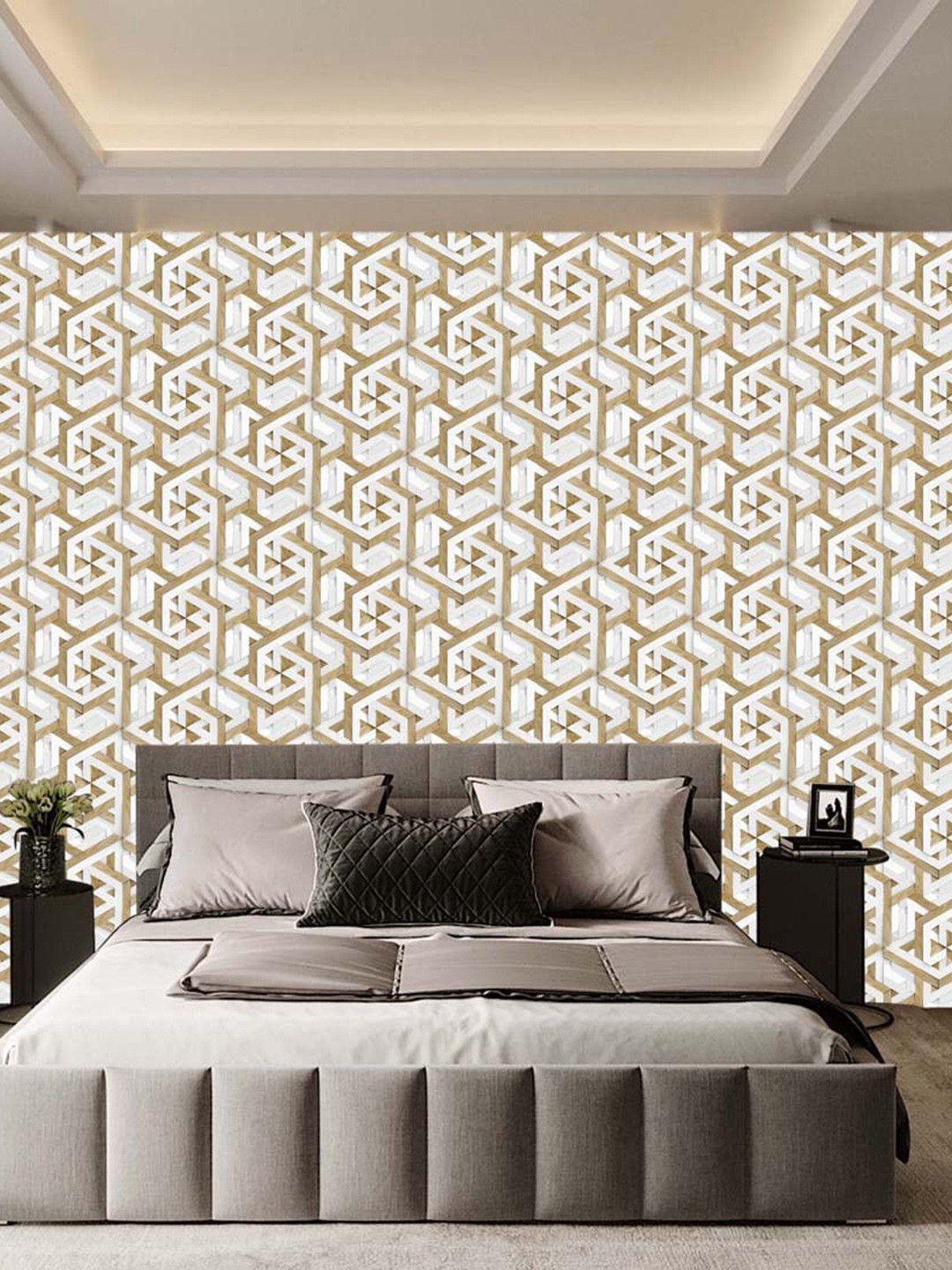 WallDaddy White & Beige Geometric Printed Self Adhesive Wallpaper