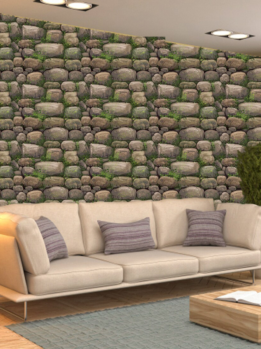 WallDaddy Brown & Green River Stones Printed Self Adhesive Wallpaper