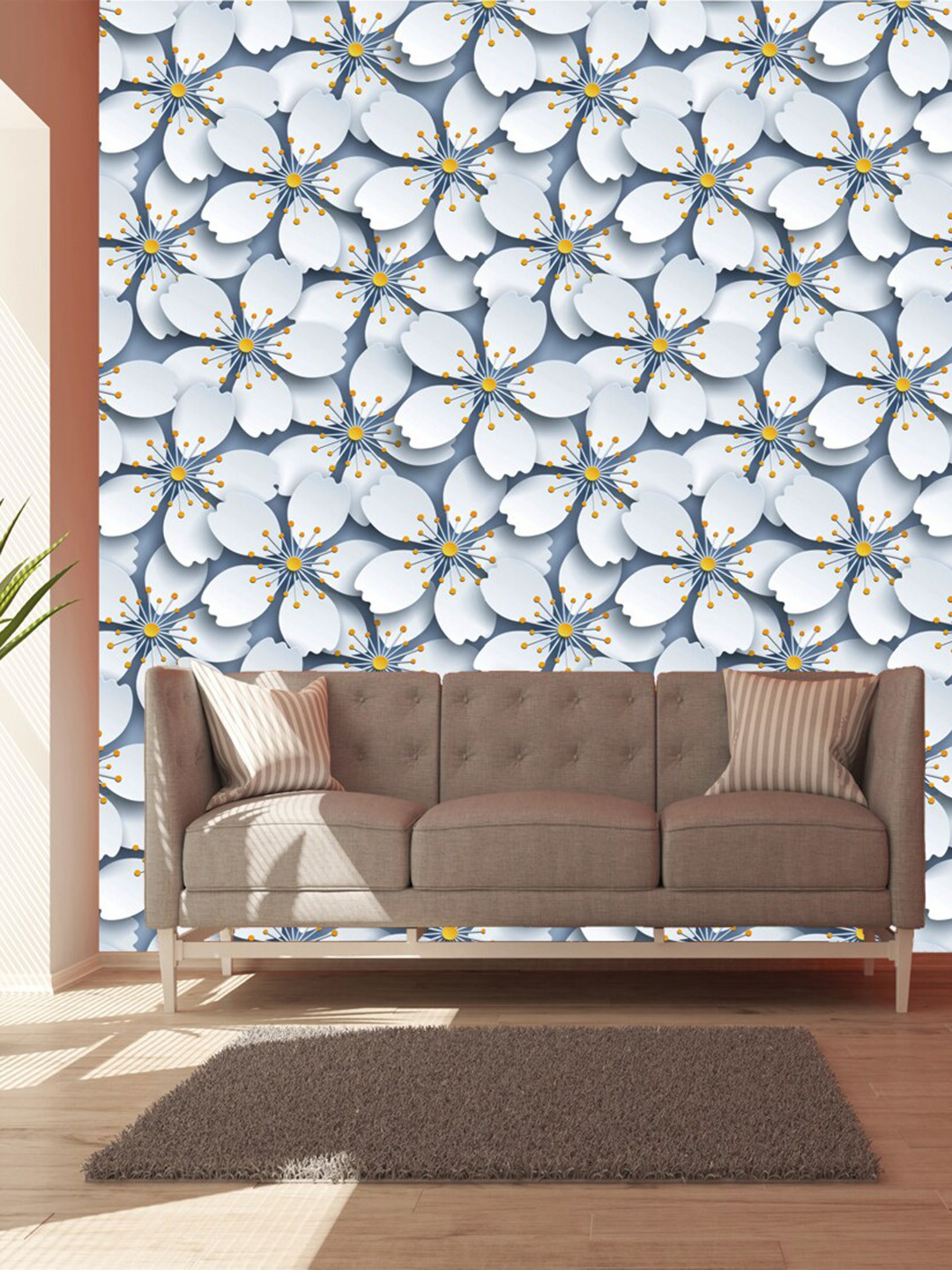 WallDaddy White & Blue Floral Design Self Adhesive Wallpaper