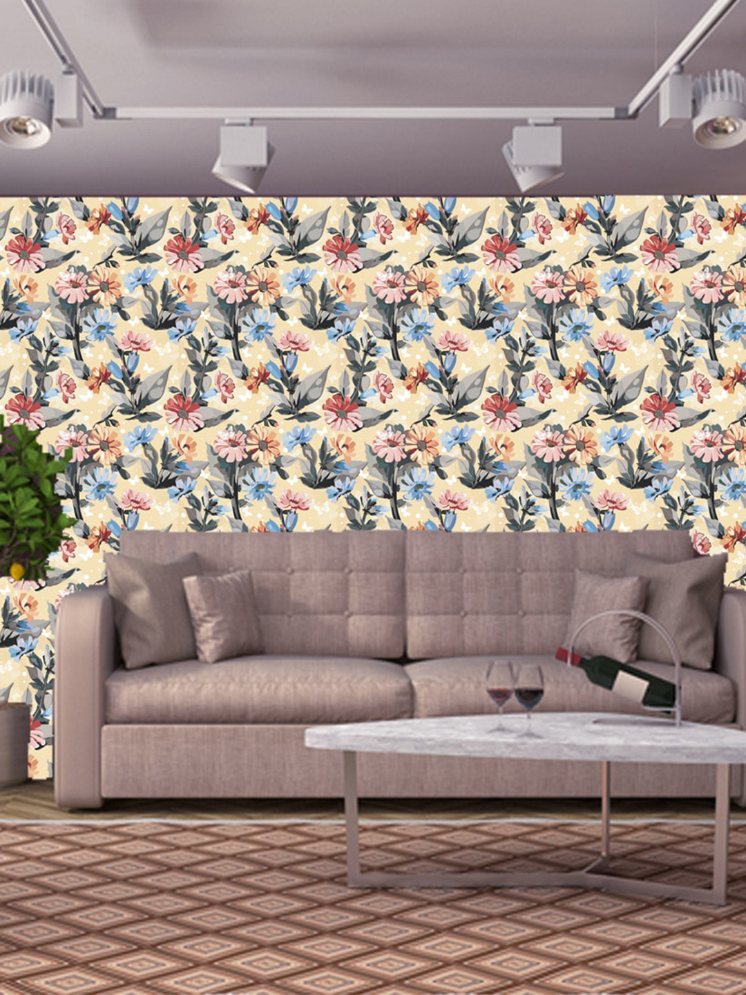 WallDaddy Beige & Blue Floral Designed Self Adhesive Wallpaper