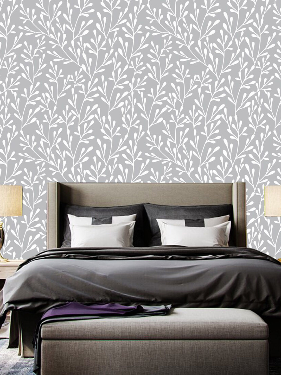 WallDaddy Grey & White Leaf Printed Self Adhesive Wallpaper