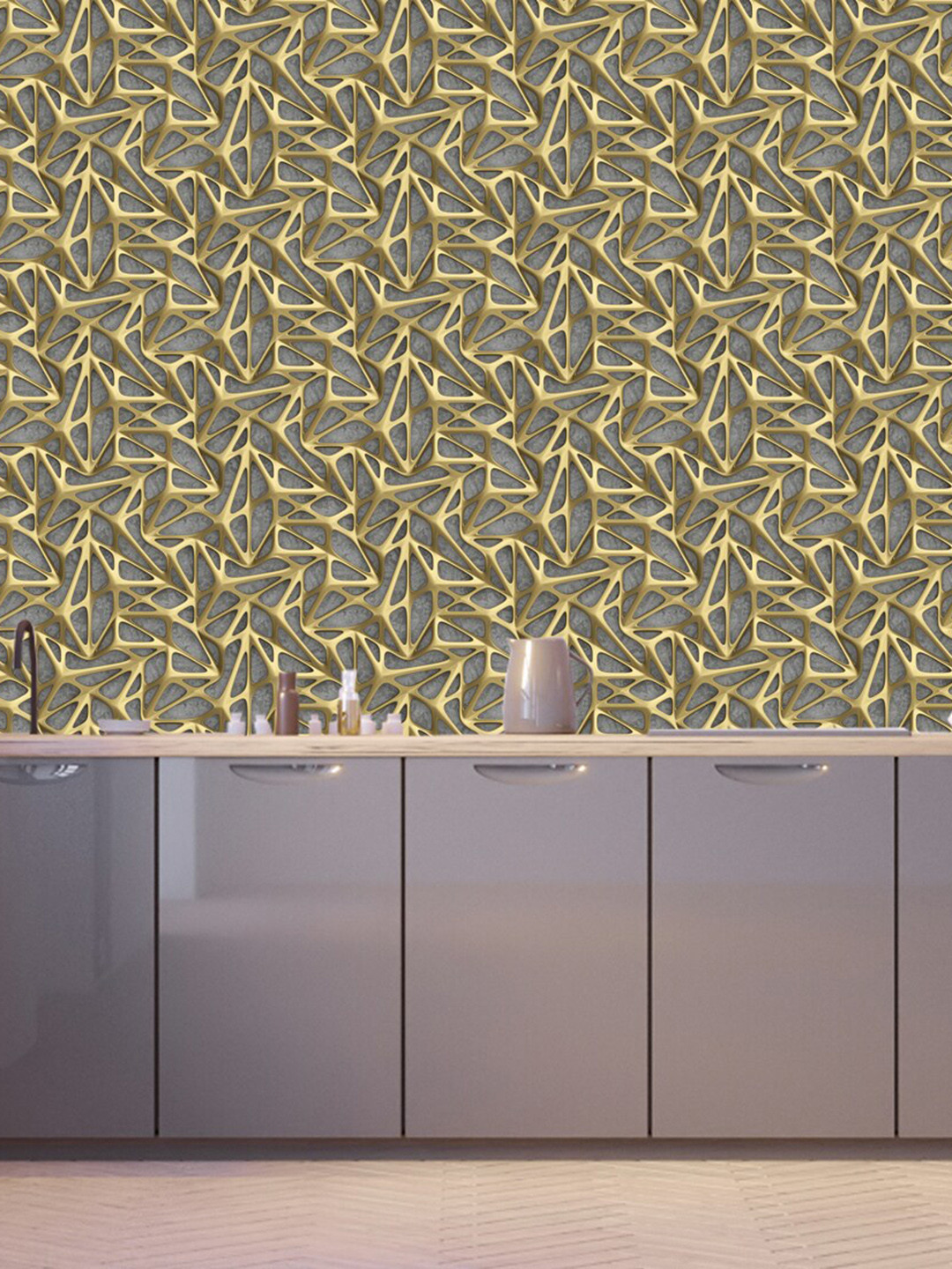 WallDaddy Grey & Metallic-toned Geometric Designed Waterproof Self Adhesive Wallpaper