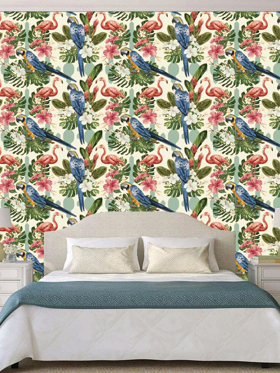 WallDaddy Beige & Green Jungle Parrot Design Self Adhesive Wallpaper