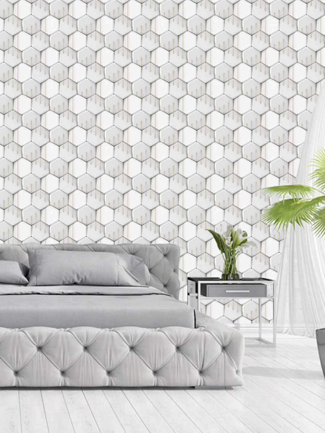 WallDaddy White Marble Hexa Printed Self Adhesive Wallpaper