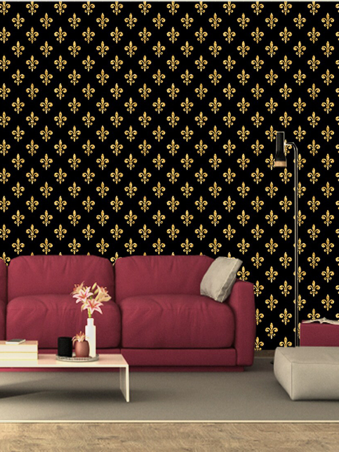 WallDaddy Black & Metallic Toned Stamp Flower Designed Self Adhesive Wallpaper