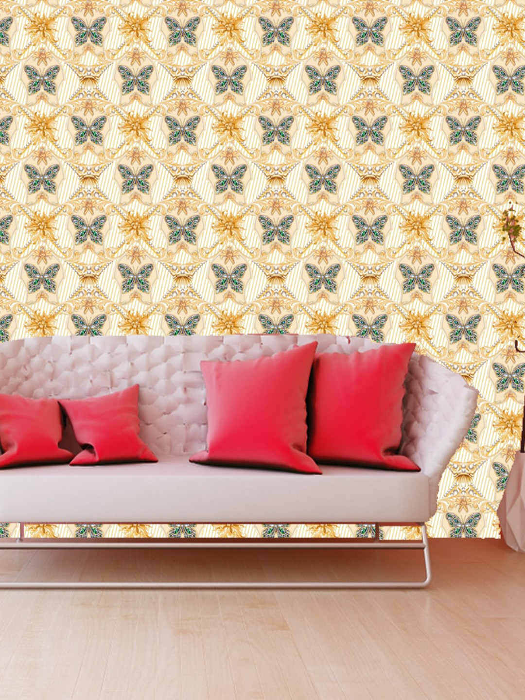 WallDaddy White & Orange-color Crown Butterfly Designed Self Adhesive Wallpaper