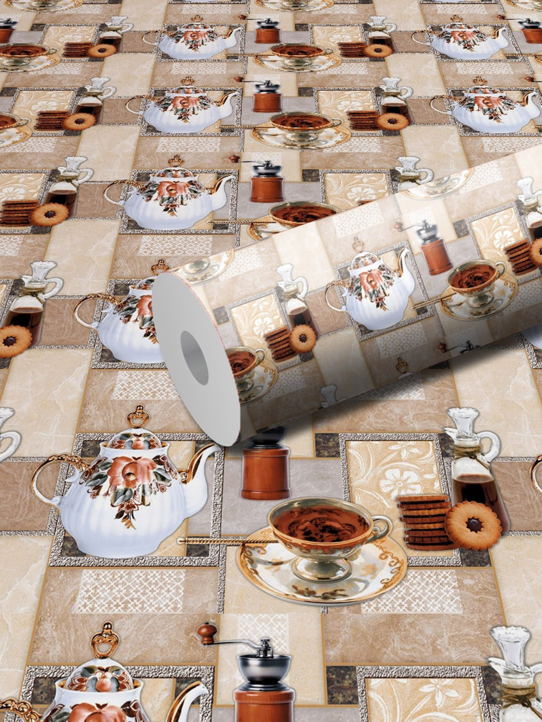 WallDaddy White & Beige Kitchen Tea Designed Self Adhesive Wallpaper