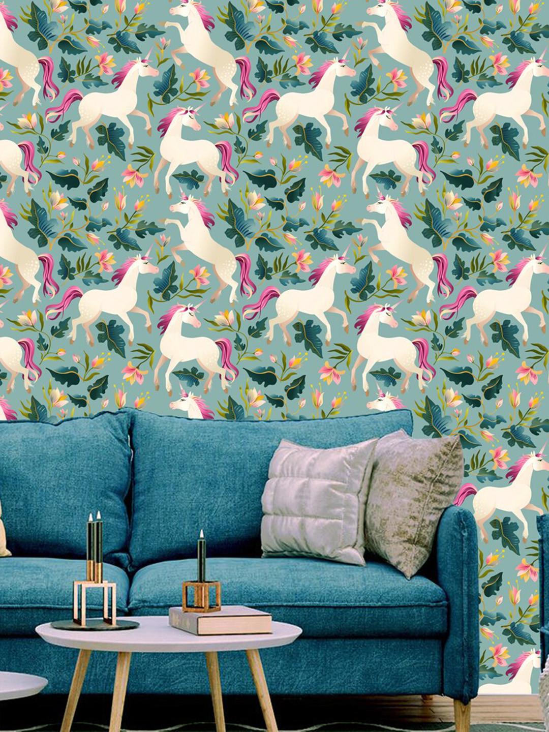 WallDaddy Green & White Unicorn Designed Self Adhesive Wallpaper