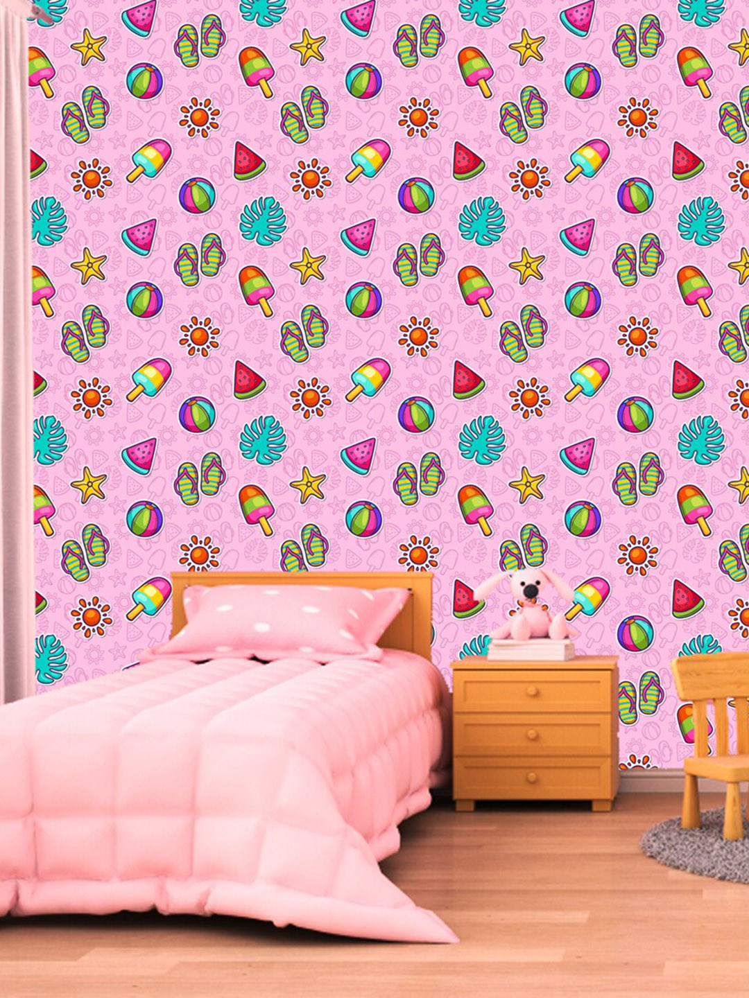 WallDaddy Pink & Blue Beach Summer Designed Self Adhesive Wallpaper