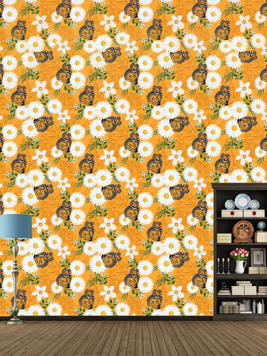 WallDaddy Orange-color & White Butterfly With Sunflower Designed Self Adhesive Wallpaper