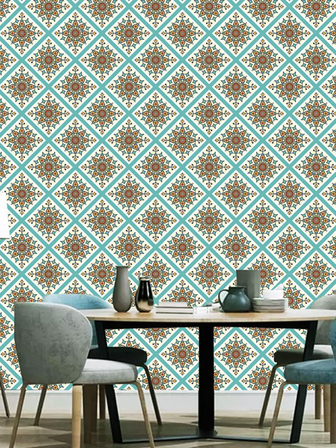 WallDaddy White & Blue Rangoli Designed Self Adhesive Wallpaper