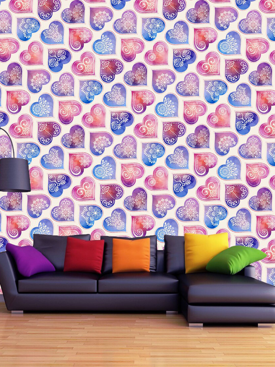 WallDaddy Blue & Pink Rangoli Heart Designed Self Adhesive Wallpaper