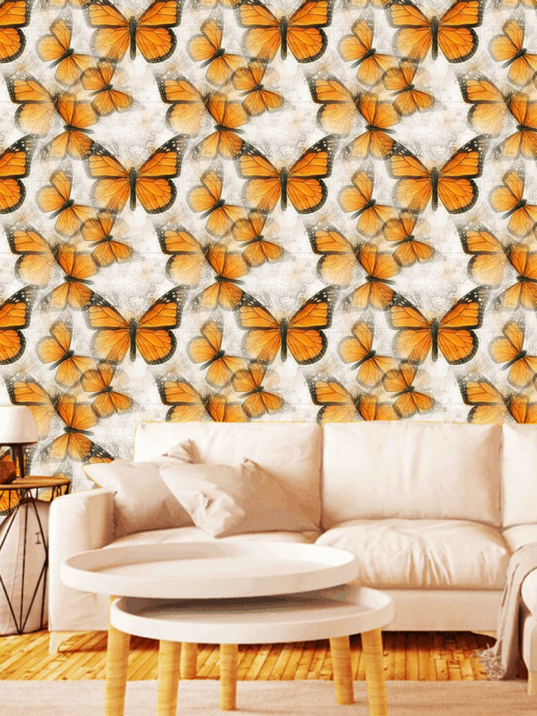 WallDaddy White & Orange-color Vintage Butterfly Designed Self Adhesive Wallpaper