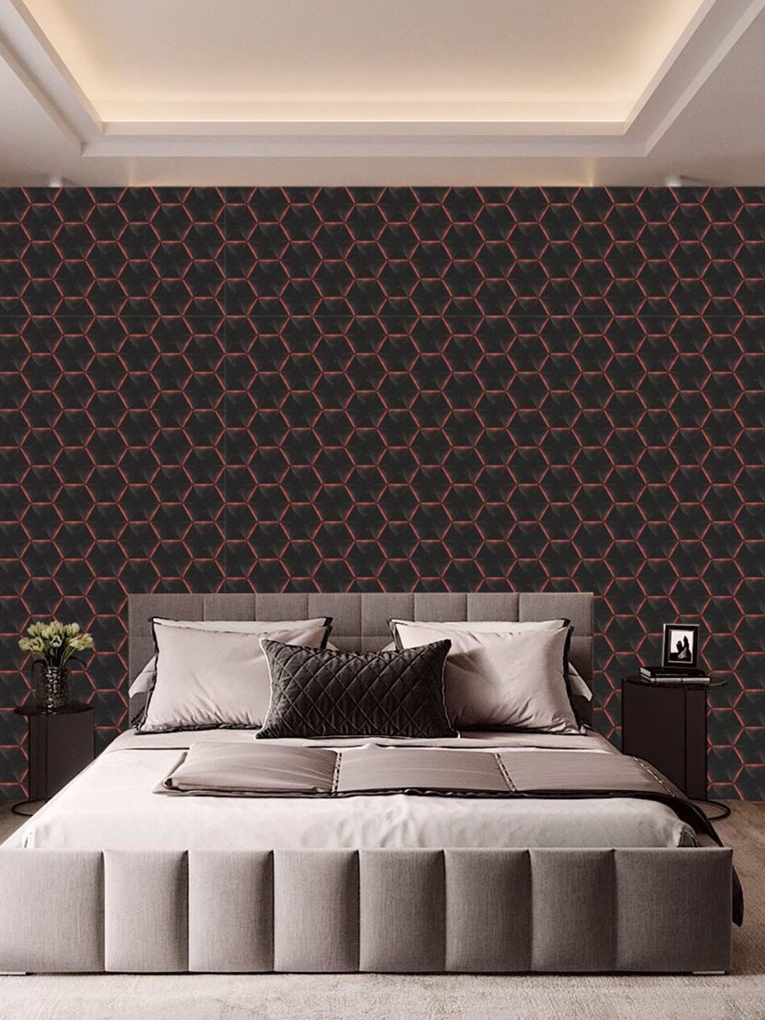 WallDaddy Black & Red Honeycomb Designed Self Adhesive Wallpaper