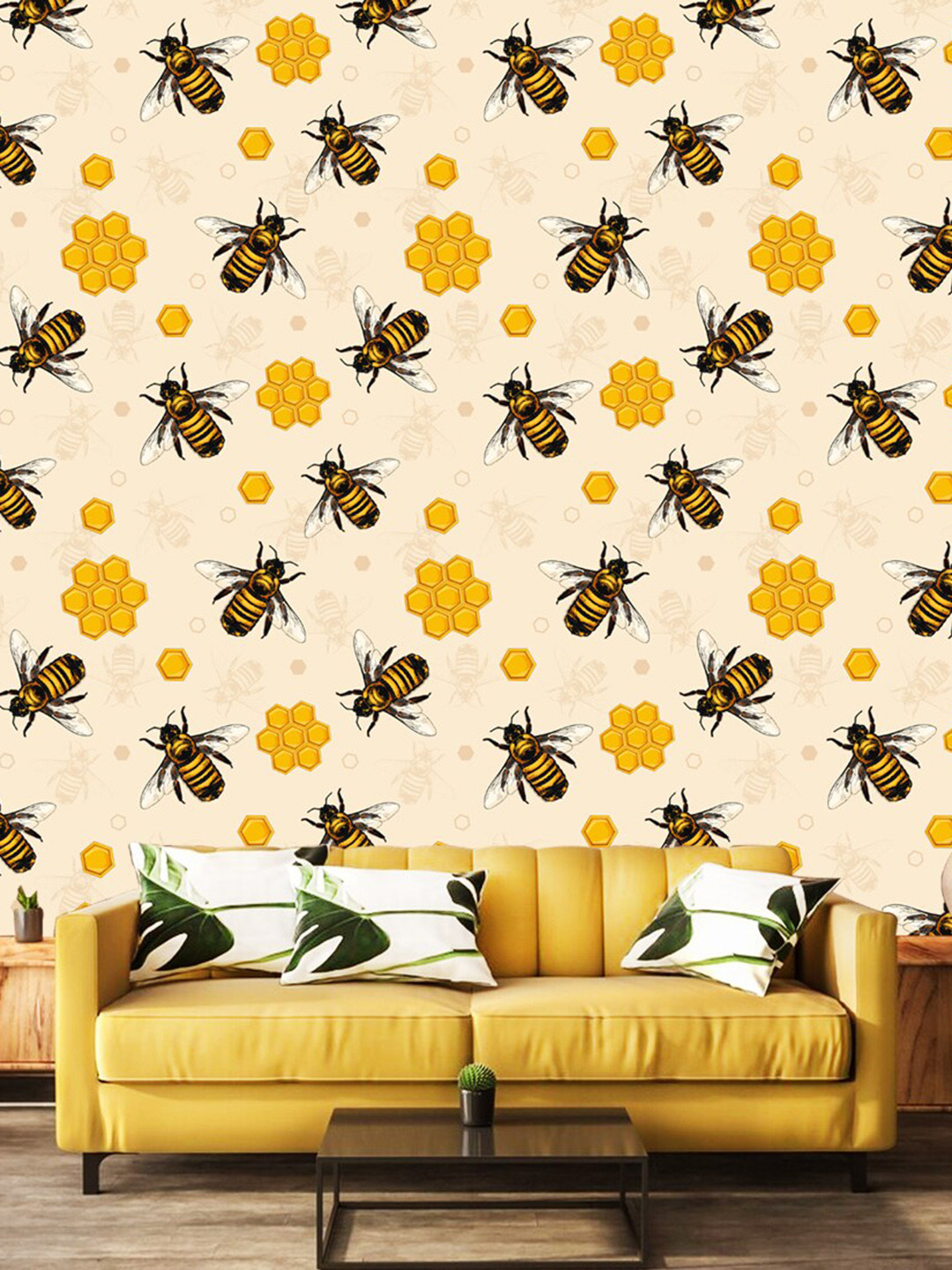 WallDaddy Beige & Yellow Madhu Makkhi Designed Self Adhesive Wallpaper