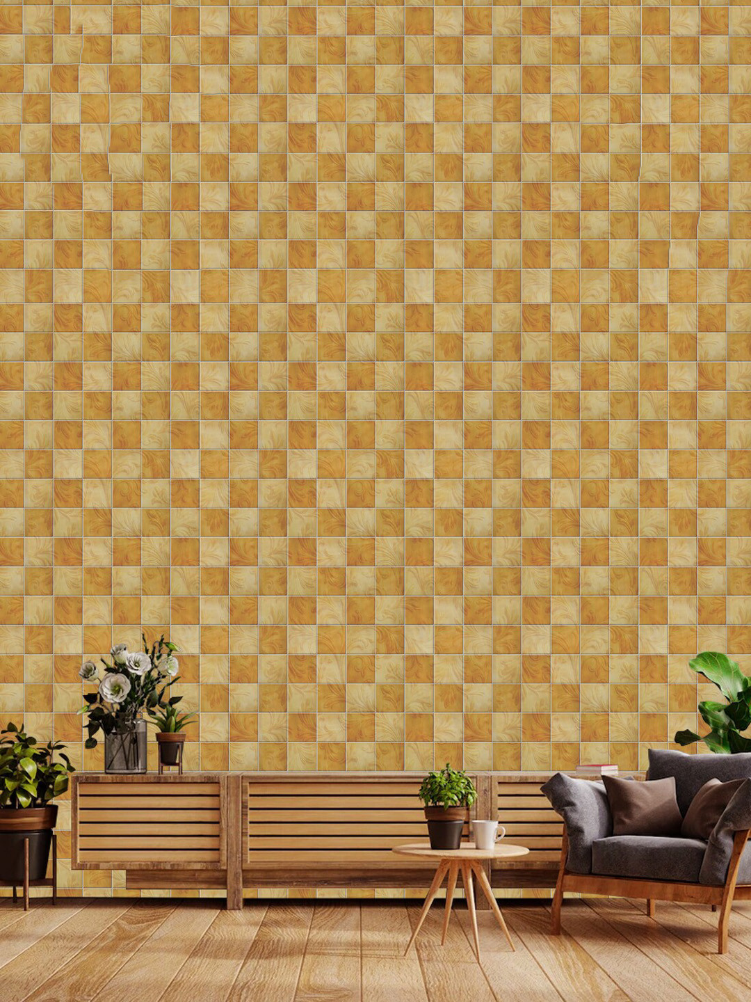 WallDaddy Beige & Brown Square Designed Self Adhesive Wallpaper
