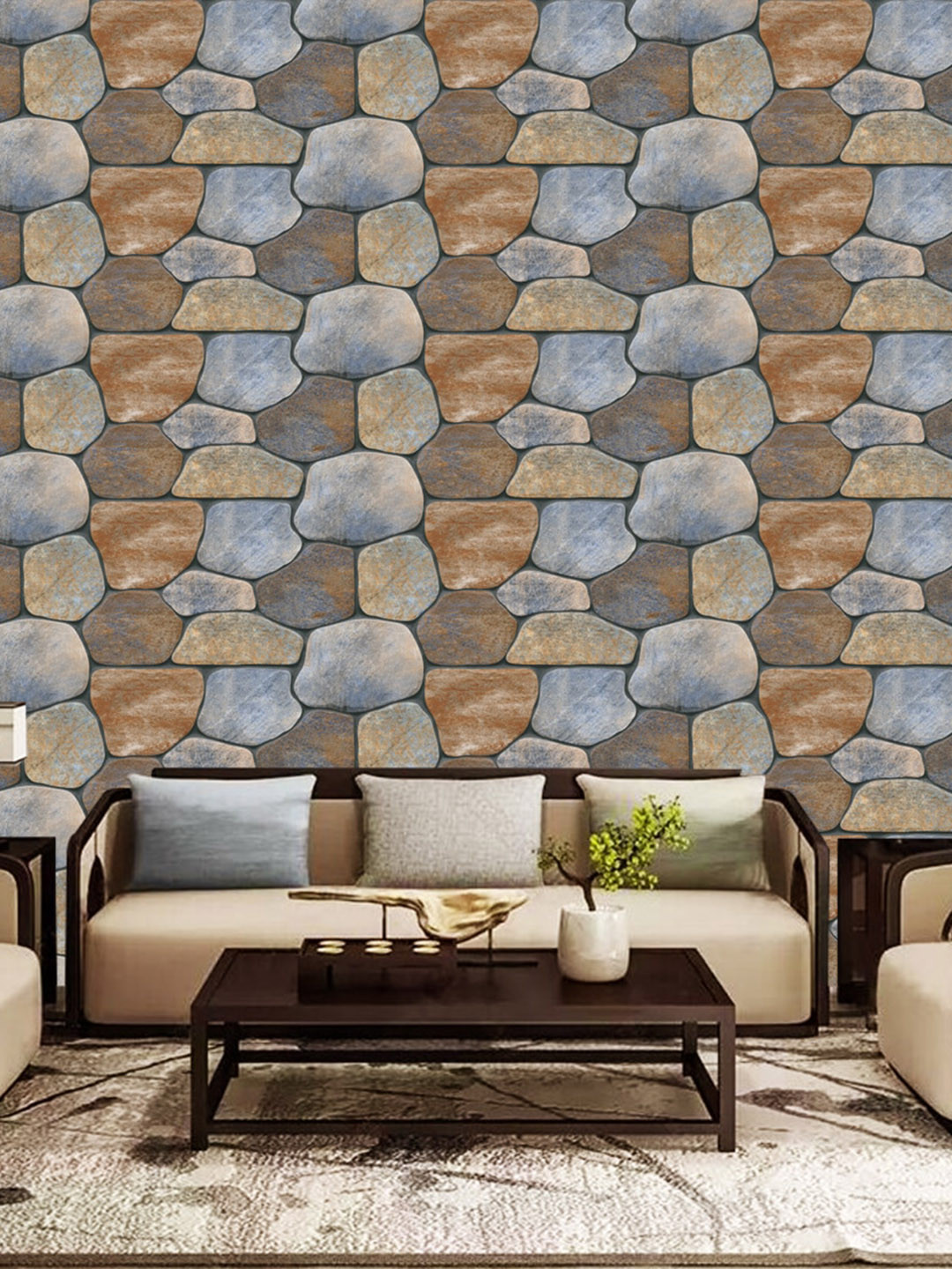 WallDaddy Blue & Brown Mota Patthar Designed Self Adhesive Wallpaper