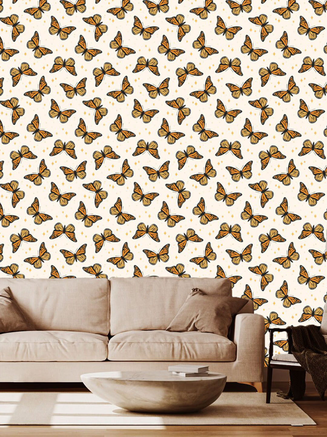 WallDaddy White & Orange-color Titli Designed Self Adhesive Wallpaper