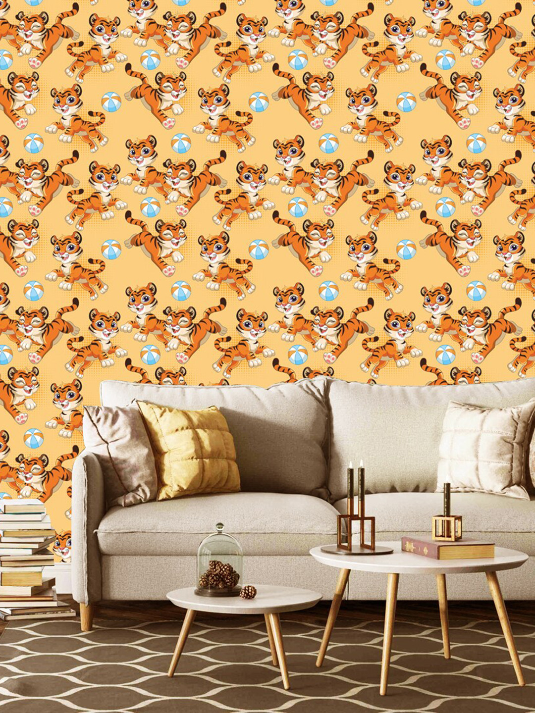 WallDaddy Yellow & Orange Baby Tiger Designed Self Adhesive Wallpaper