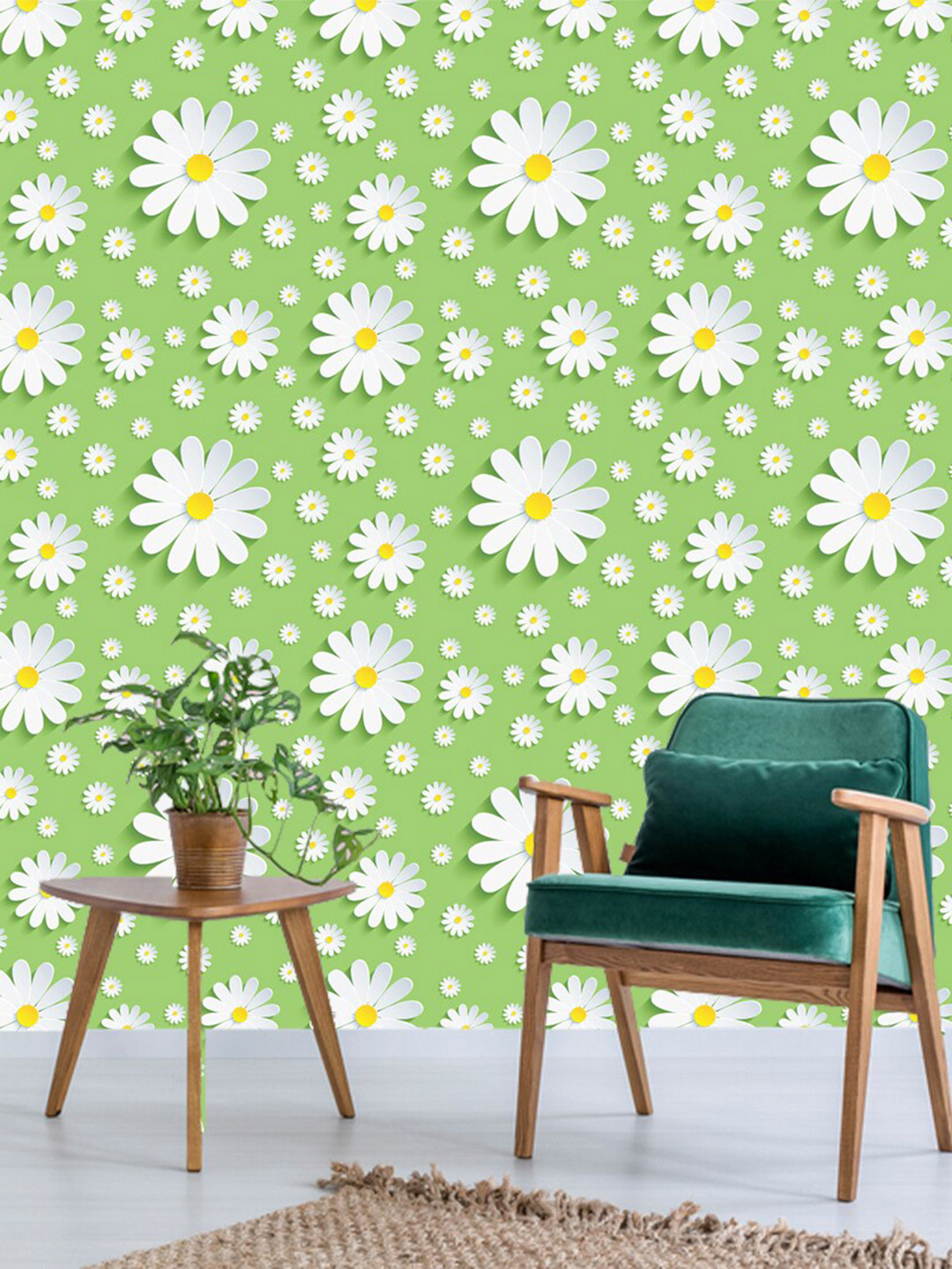 WallDaddy Green & White Floral Designed Self Adhesive Wallpaper