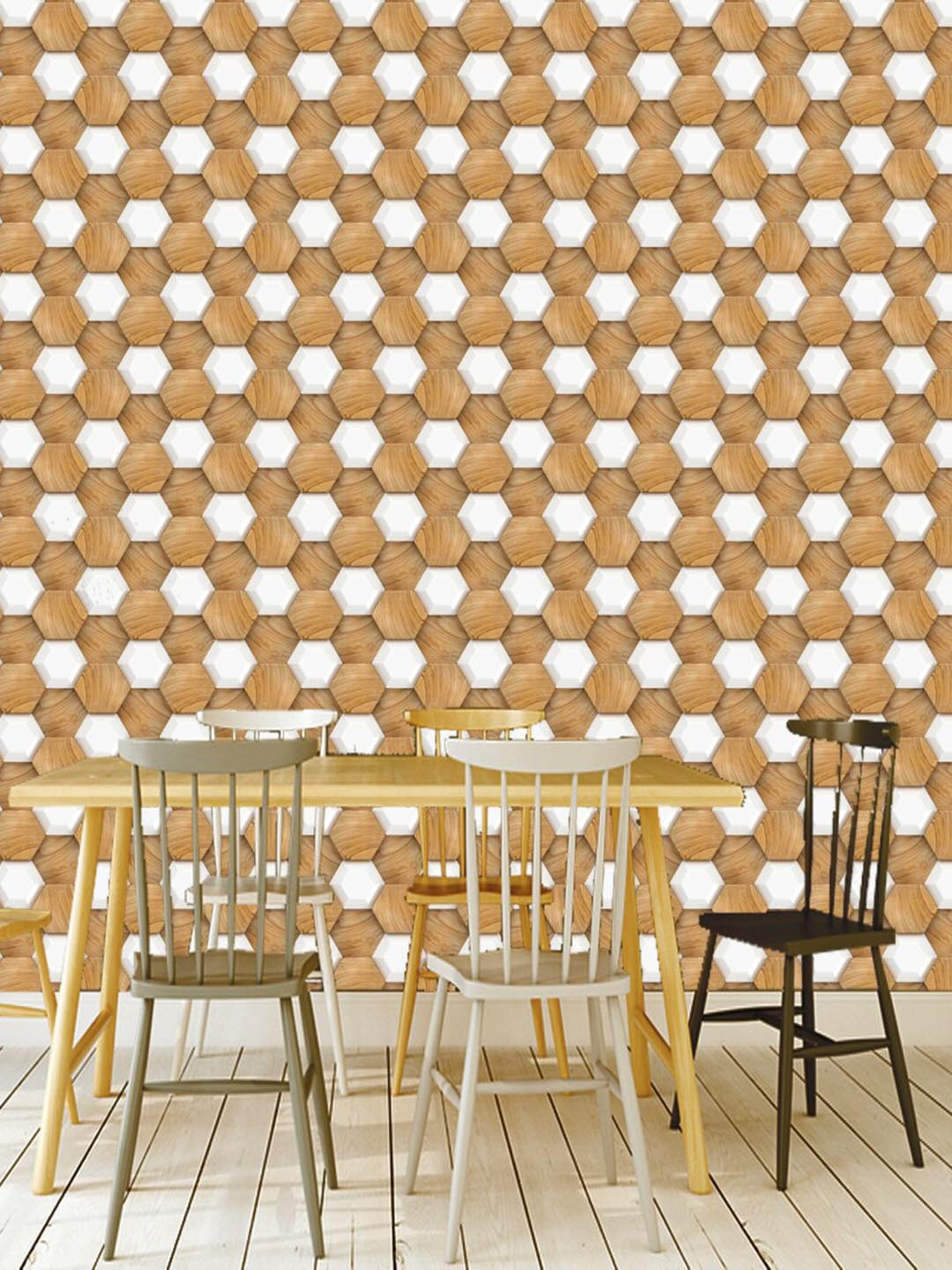 WallDaddy Brown & White Hexagon Designed Self Adhesive Wallpaper For Wall