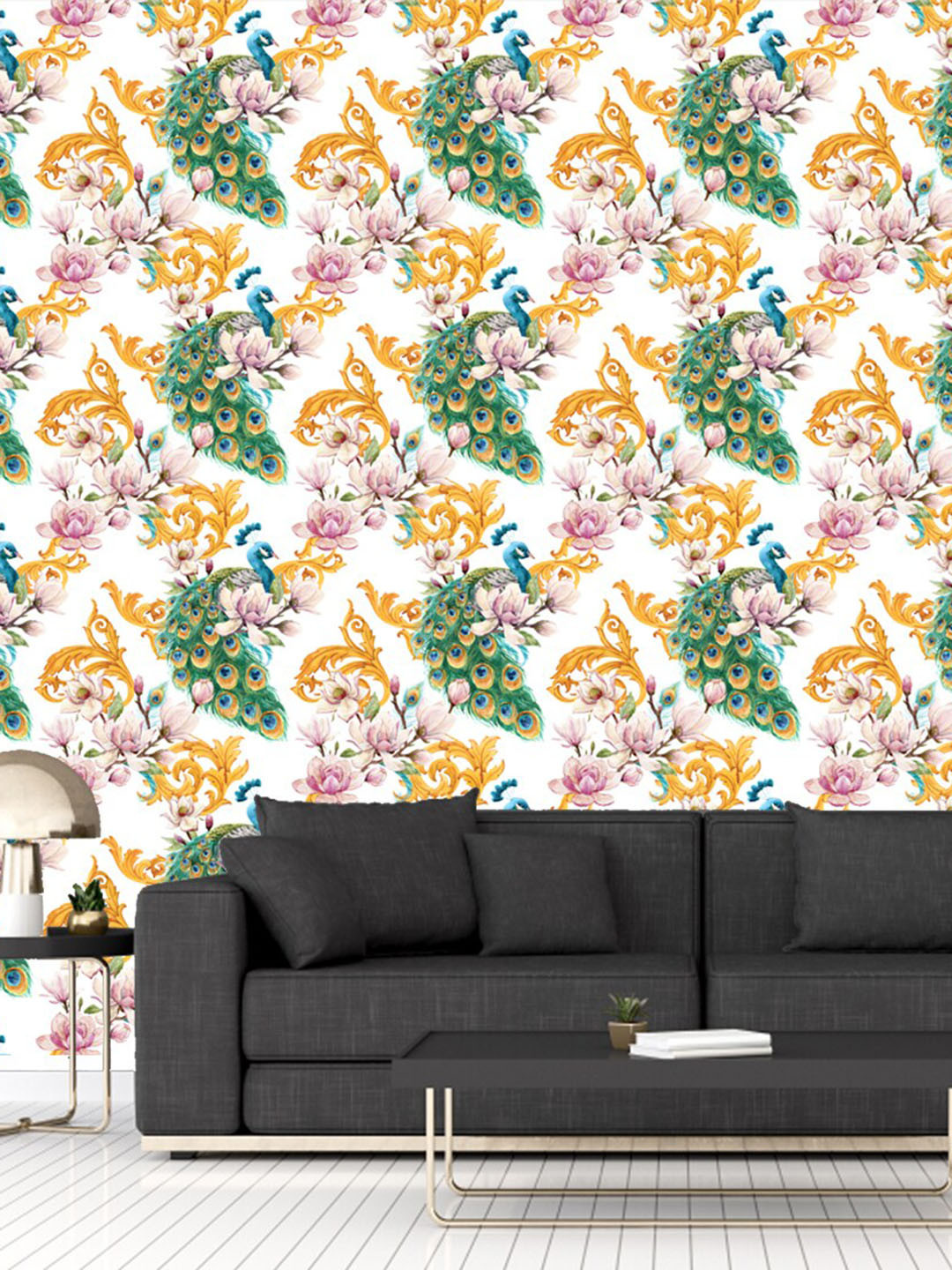 WallDaddy White & Green Lotus Mor Designed Self Adhesive Wallpaper