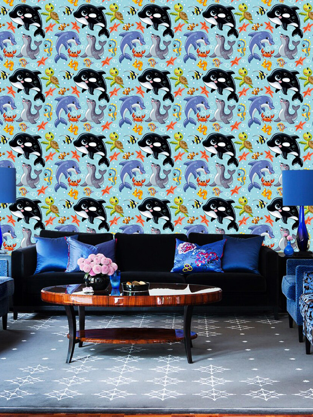 WallDaddy Blue & Black Aqua Animals Designed Self Adhesive Wallpaper For Wall