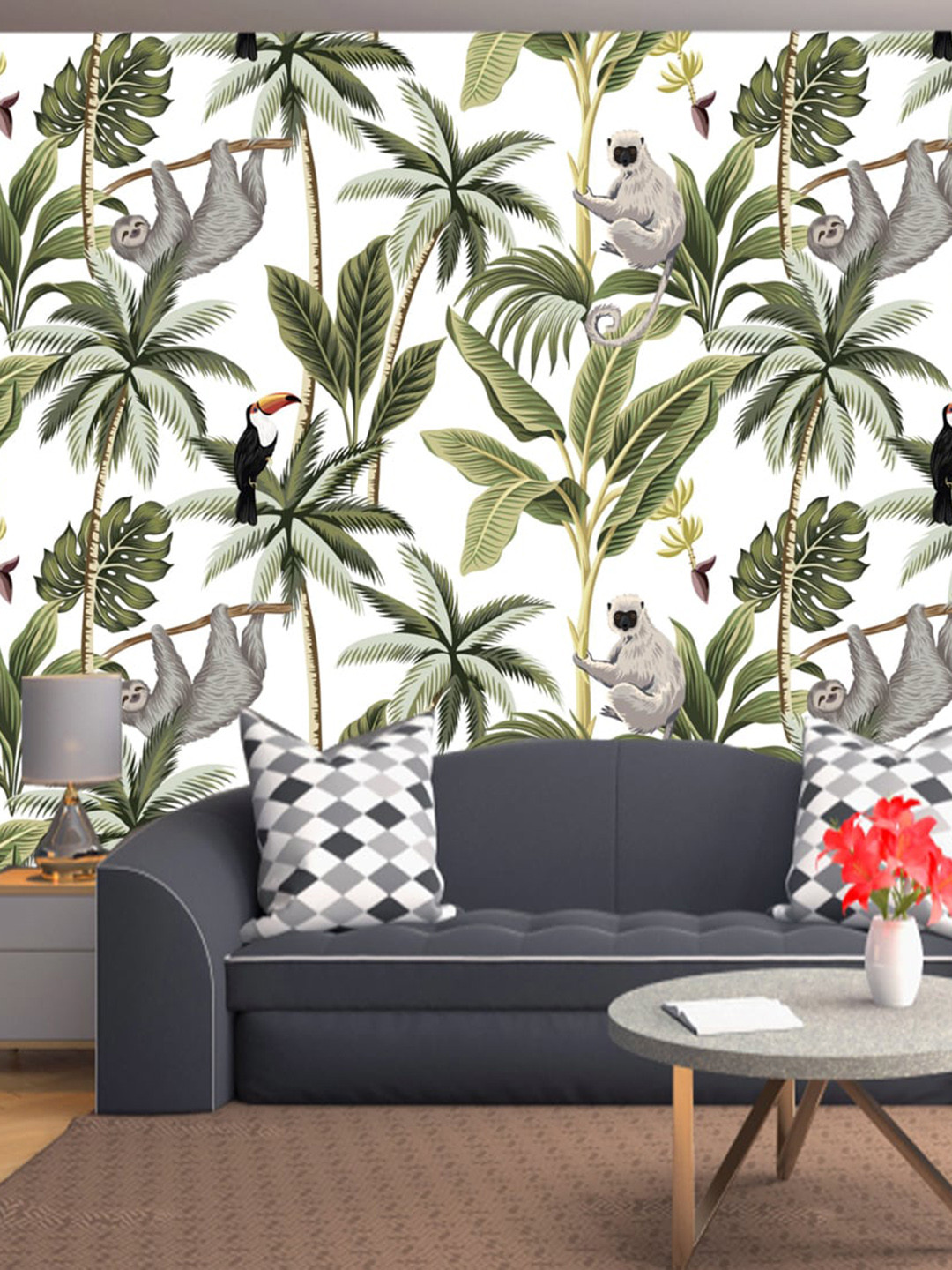 WallDaddy White & Green Jungle Monkey Designed Self Adhesive Wallpaper For Wall