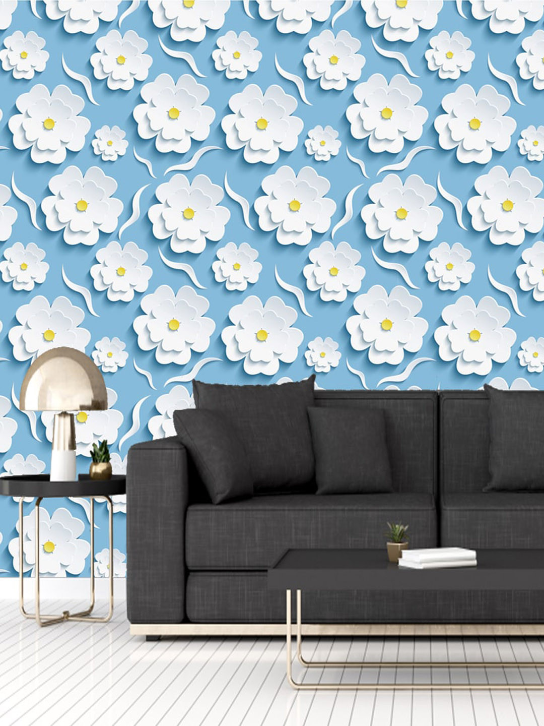WallDaddy White & Blue Floral Designed Self Adhesive Wallpaper For Wall