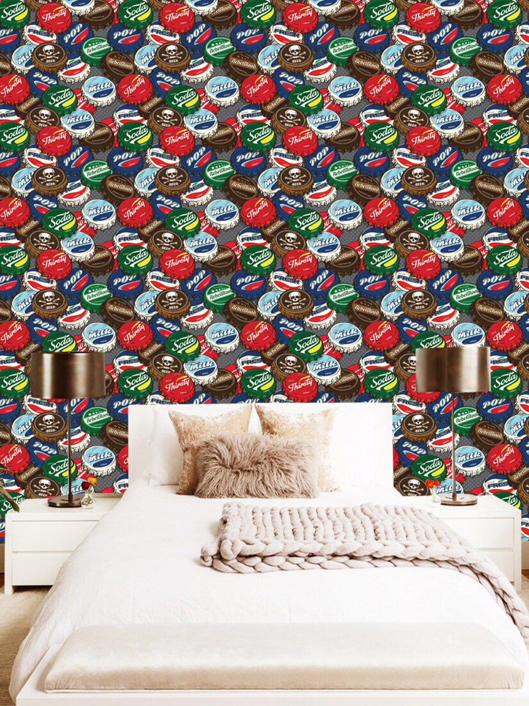 WallDaddy Grey & Red Bottles Cap Designed Self Adhesive Wallpaper