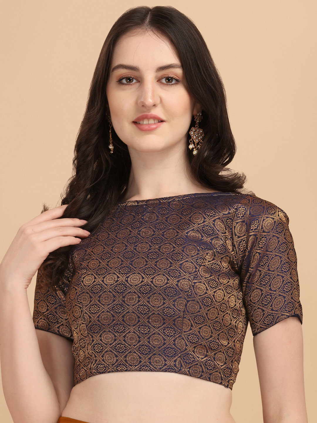 Oomph! Woven Design Boat Neck Short Sleeve Art Silk Saree Blouse