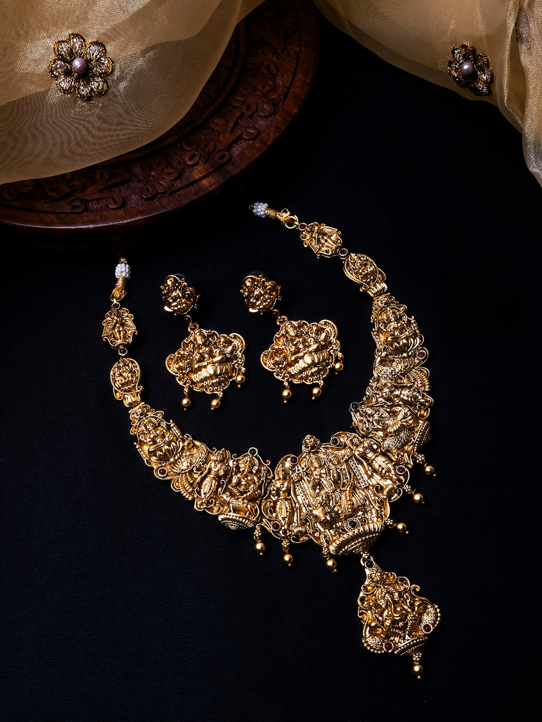 StileAdda Gold-Plated Stone-Studded & Beaded Temple Necklace & Earrings