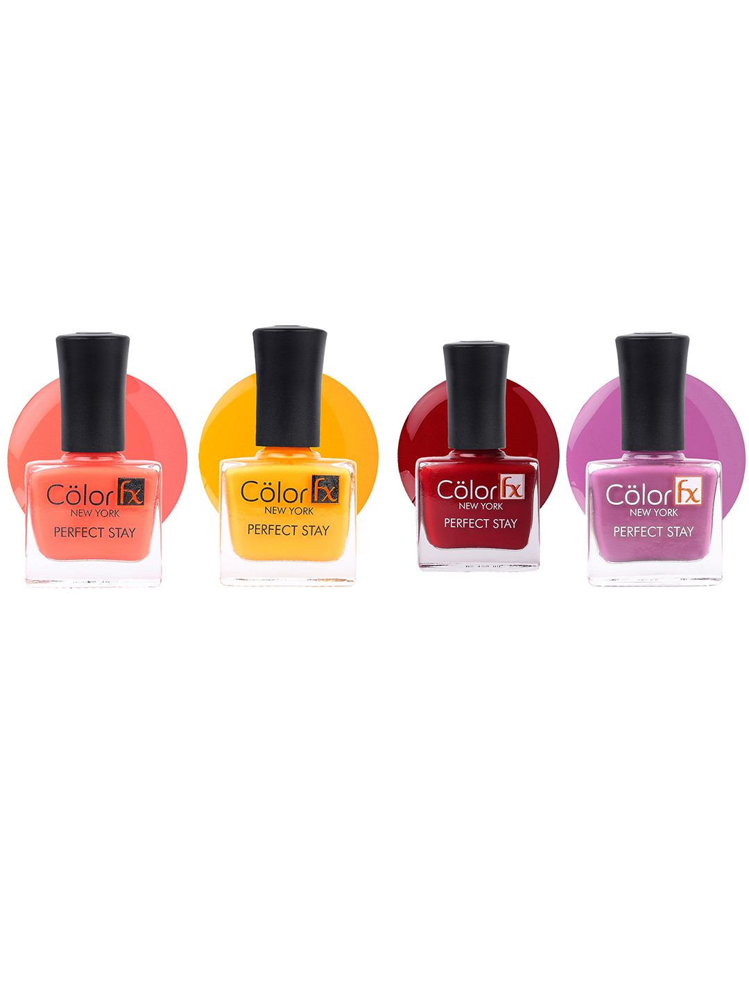 Color Fx Set Of 4 Perfect Stay Nail Enamels 9ml Each - Purple + Red + Coral Pink + Yellow