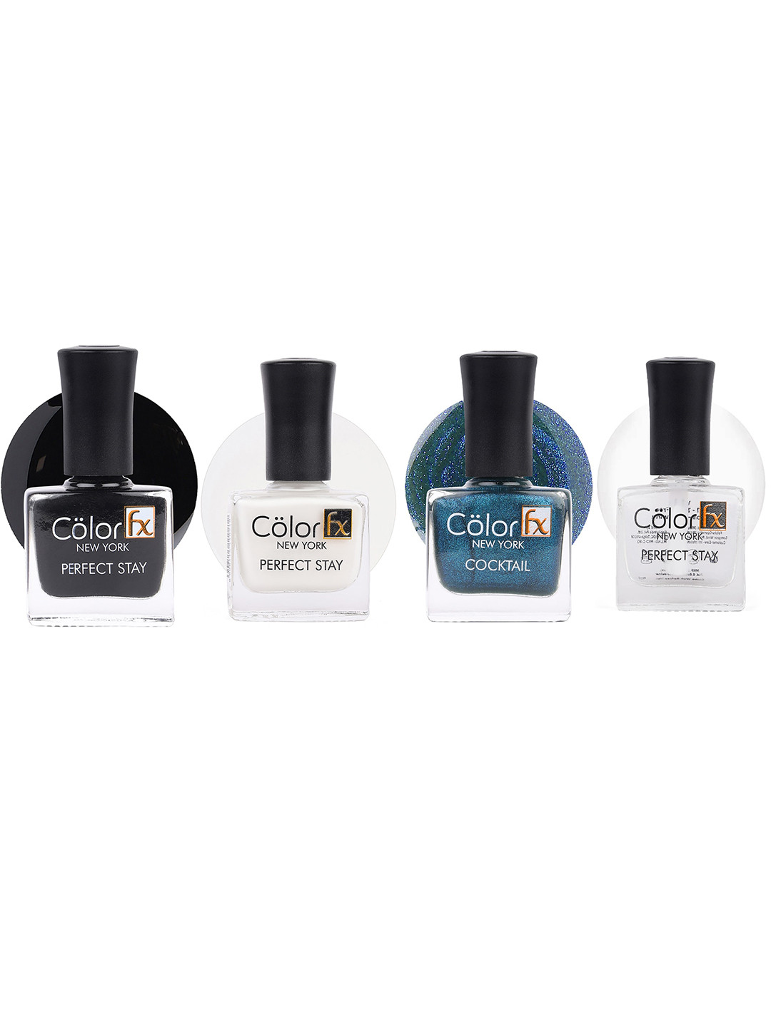 Color Fx Set Of 4 Perfect Stay Nail Enamels 9ml Each - Top Coat + Blue + Black + White
