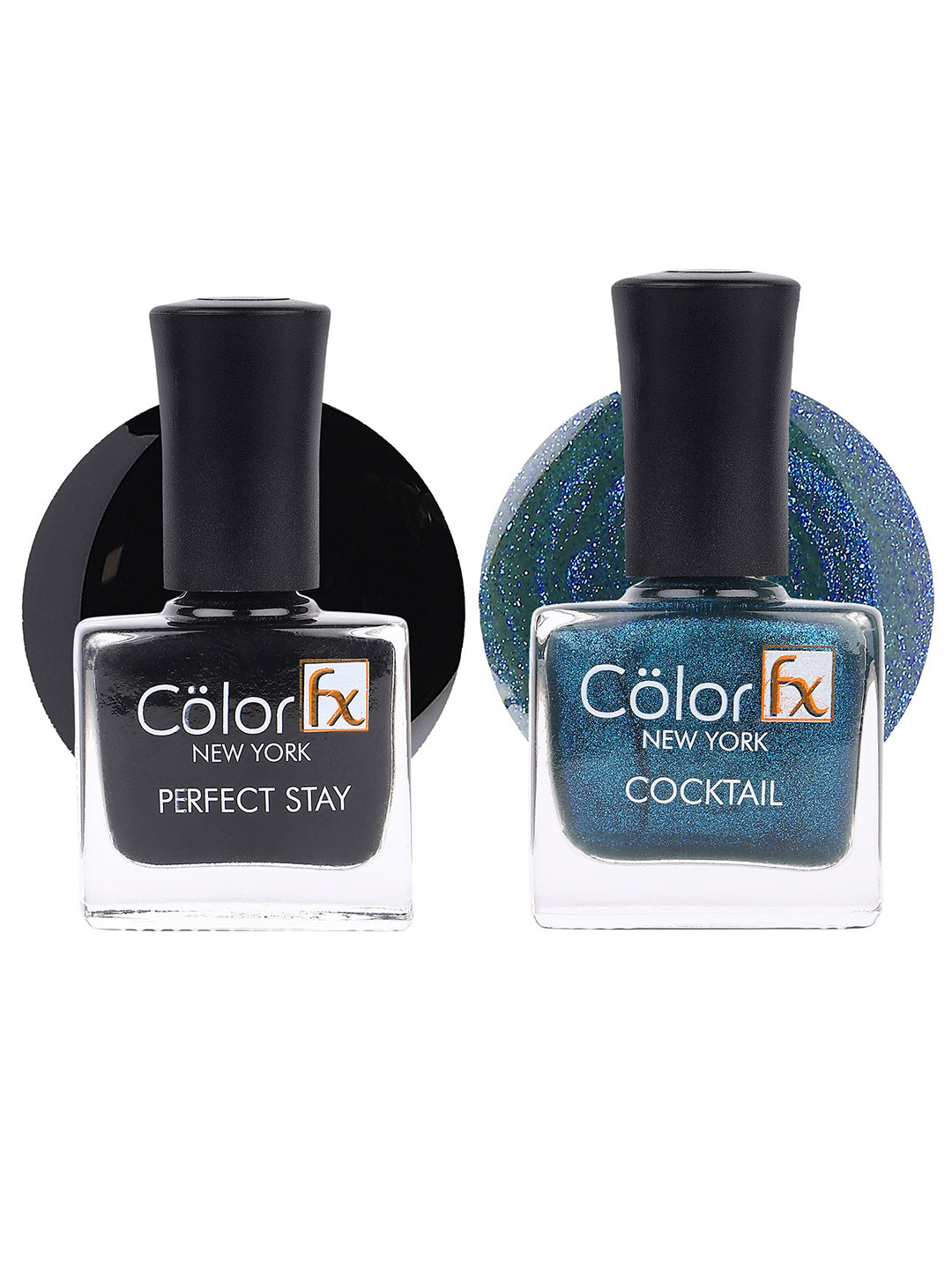 Color Fx Set Of 2 Perfect Stay & Cocktail Nail Enamels 9ml Each - Black 119 + Blue 135