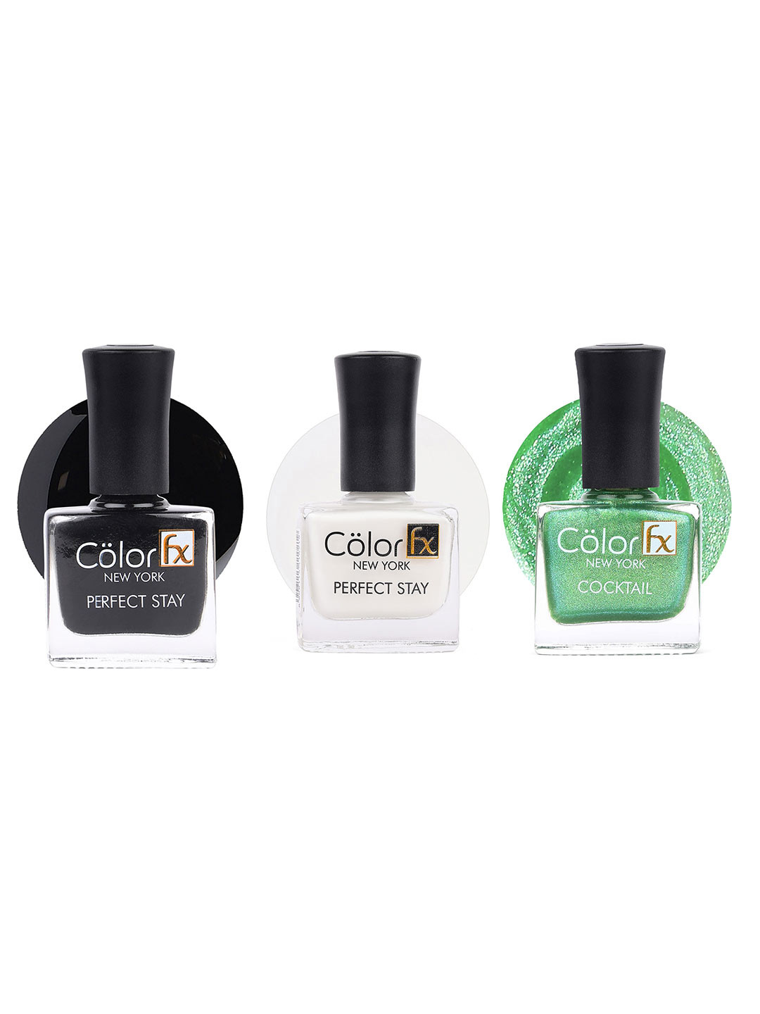 Color Fx Perfect Stay & Cocktail 3Pcs Nail Enamel- 9ml Each - Green-Black-White
