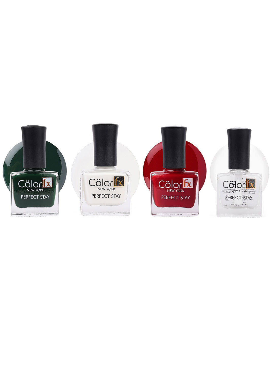 Color Fx Set Of 4 Perfect Stay Nail Enamel - 9ml Each - Red-Bottle Green-White-Top Coat