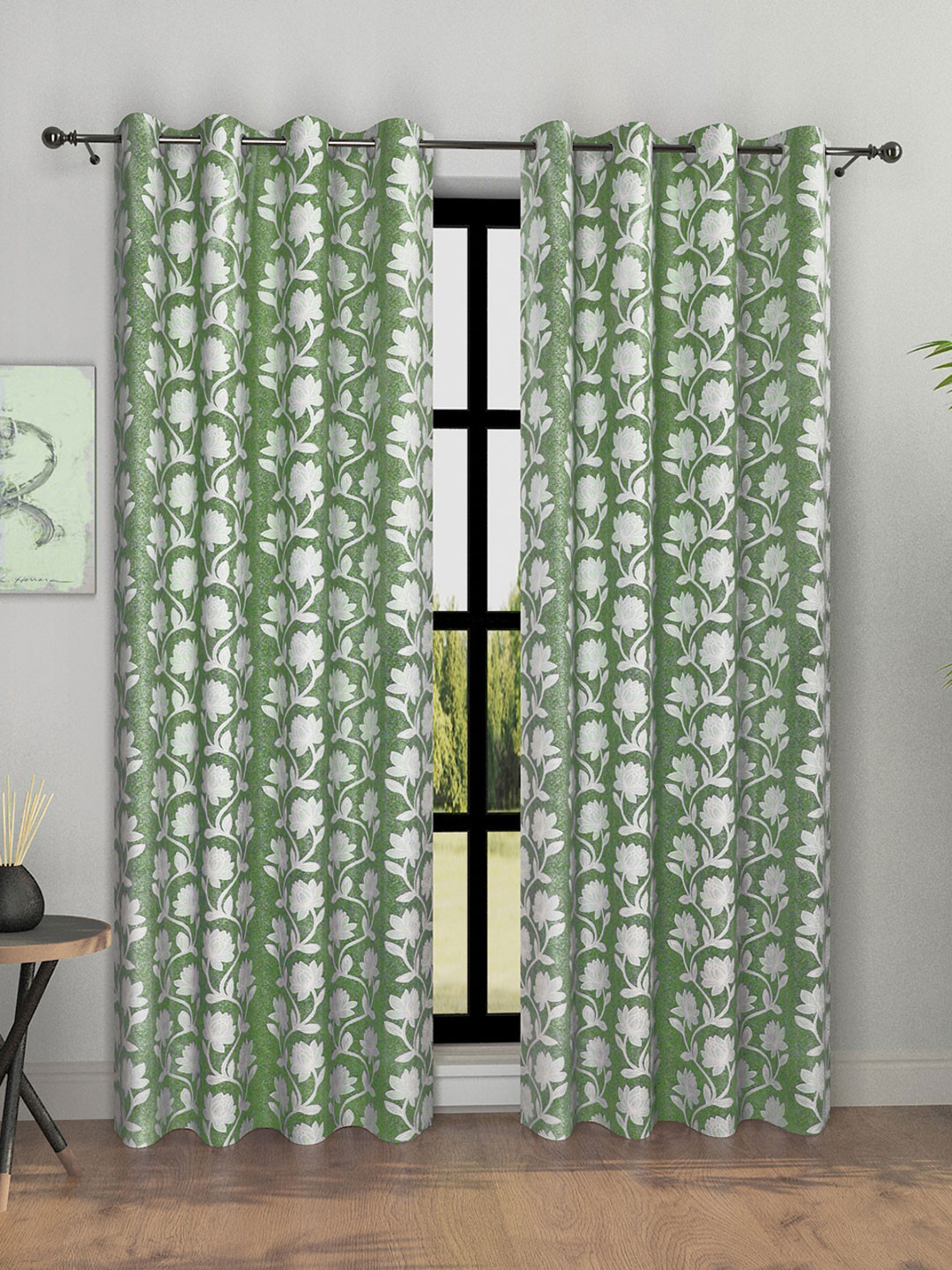 ROMEE 2 Pcs Sea Green & White Floral Room Darkening Long Door Curtain