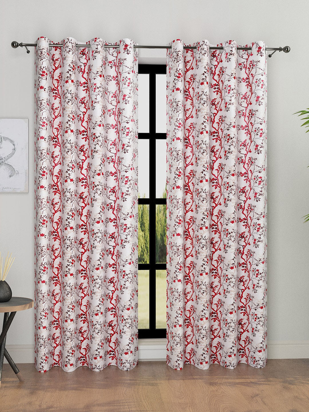 ROMEE 2 Pcs White & Maroon Floral Room Darkening Door Curtain
