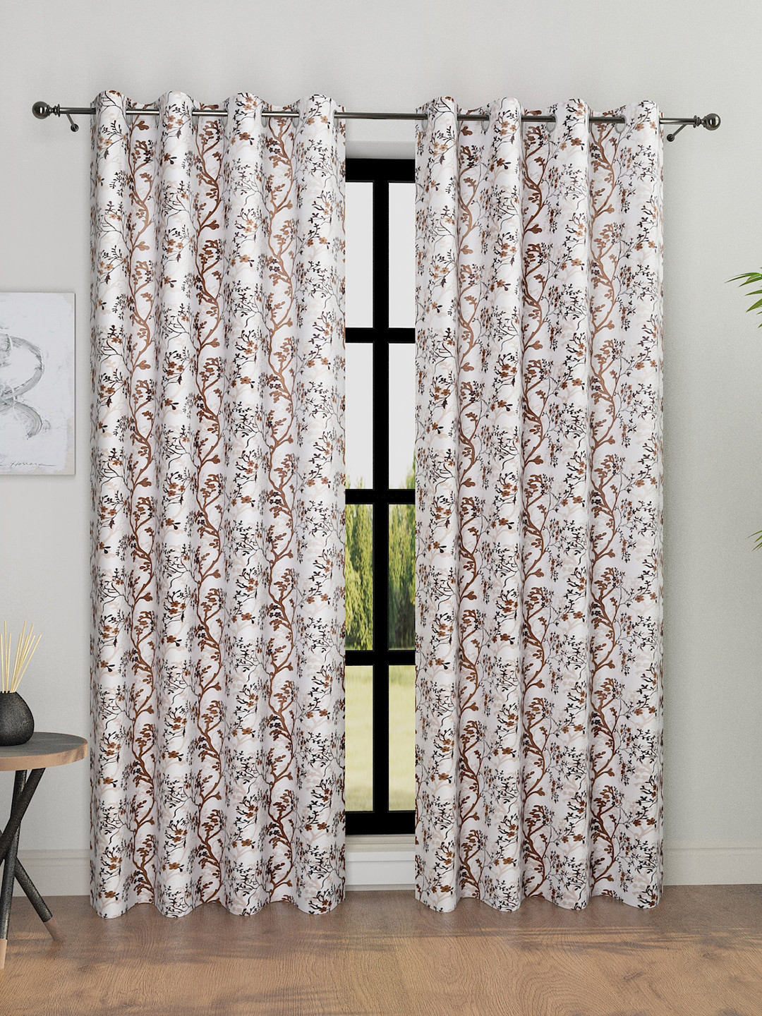 ROMEE Brown 2 Pieces Floral Room Darkening Long Door Curtains