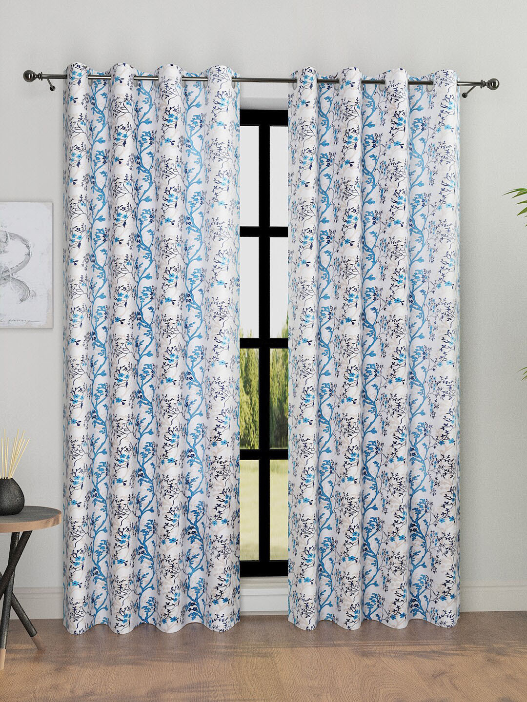 ROMEE 2 Pcs White & Blue Floral Room Darkening Long Door Curtain